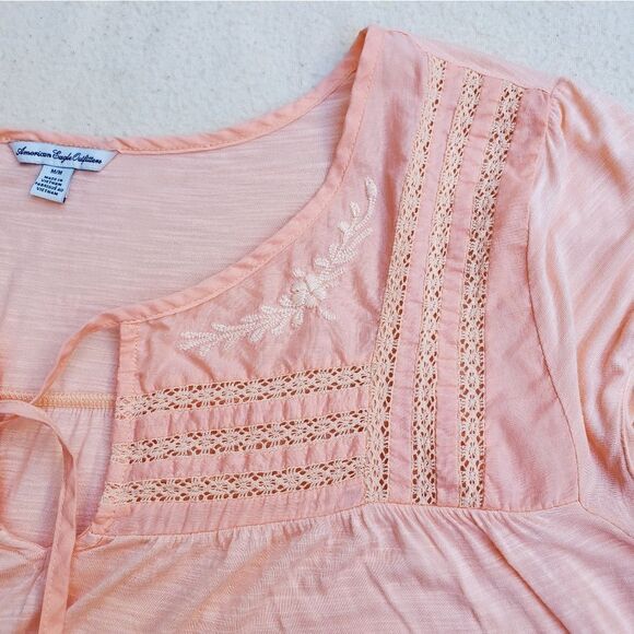 American Eagle Peach Swiss Dot Embellished Cap Sleeve Top - Picture 6 of 12